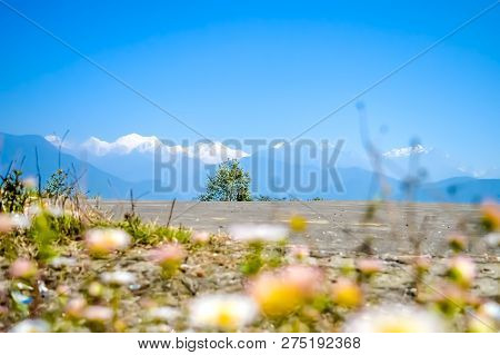 Kanchenjunga Mountain Range From Pelling Helipad Top. Scenic View Of Mountains, Kanchenjunga Region,