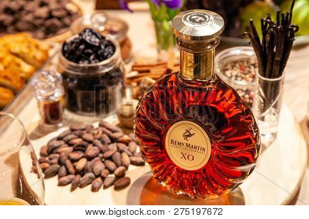 Russia Kemerovo 16-11-2018 Buffet Table Degustation With Nuts And Snacks Luxury Vip Cognac In Crysta