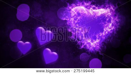 Valentines Bokeh Abstract  Background With Fire Burn Colorful Hearts .love Card . Wedding Party Flye