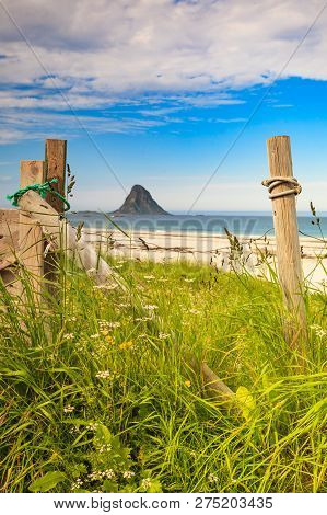 Seascape, Sea Coast With Sandy Beach And Island Bleiksoya In The Distance, Resort Bleik Andoya Norwa