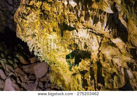 Impressive Formations Of The Stalactites And Stalagmites In Dirou Cave. Greek Destination .natural B