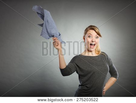 Chores Housework Silly Hygiene Clean Concept. Blonde Maid Enjoying Her Work. Young Girl Dancing Wavi