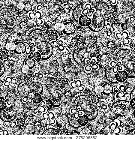 Floral And Flowrer Hand Drawn Abstract Seamless Pattern. Vector Antistress Background For Meditation