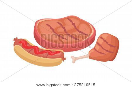 Bbq Roasted Beefsteak And Chicken Wing. Hot Dog Fast Food With Bun Sausage And Ketchup Sauce On Top.