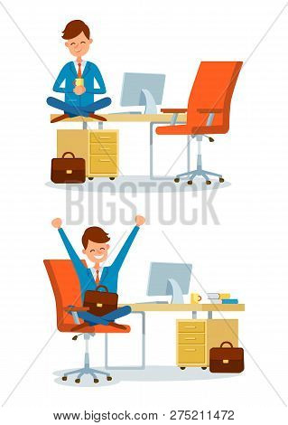 Man In Business Industry, Break Of People At Work Vector Flat. Manager Drinking Warm Tea Or Coffee F