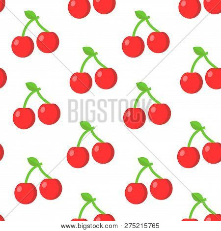 Seamless Pattern With Cherry In Flat Style. Vector Illustration.