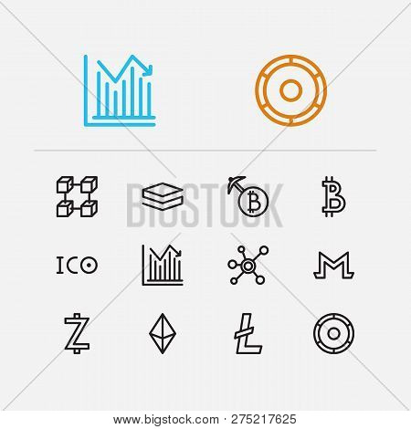 Blockchain Icons Set. Stock Price And Blockchain Icons With Ico Token, Node And Mining. Set Of Datab
