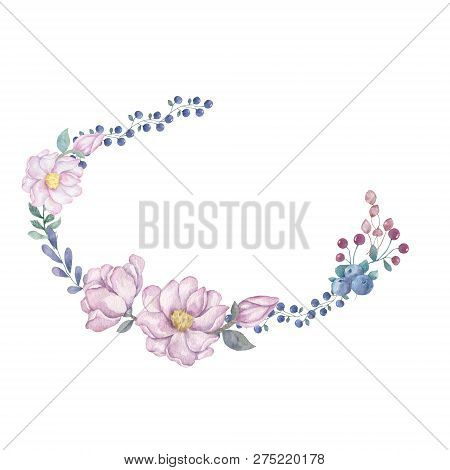 Watercolor Flowers And Leaves Wreath. Gold Frame Illustration. Ellipse And Bow Clip Art Branch For C
