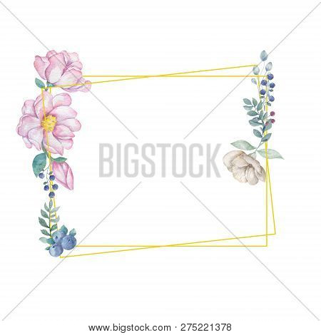 Watercolor Flowers And Leaves Wreath. Gold Frame Illustration. Square Clip Art Branch For Celebratio