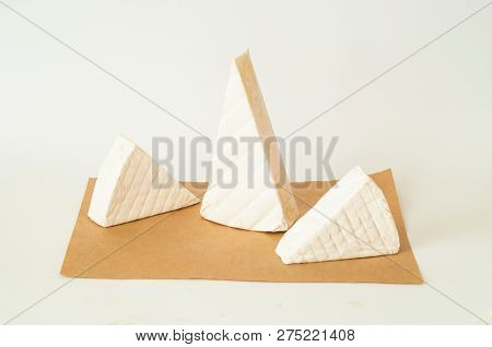 Composition With Cheeses On White Background. Copy Space, Closeu