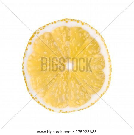 Thin Lemon Slice Isolated On A White Background. Ctrus Round Slice. Food Background. Top View.