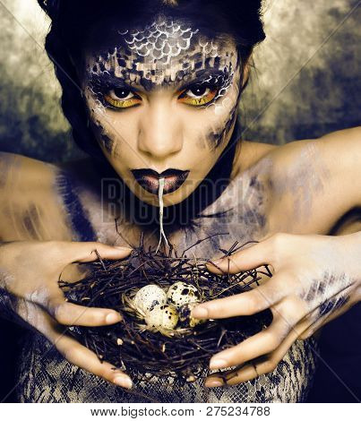 Fashion Portrait Of Pretty Young Woman With Creative Make Up Lik
