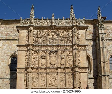 Detail Of The Plateresque Facade Of The University Of Salamanca In The Historical Center Of The City