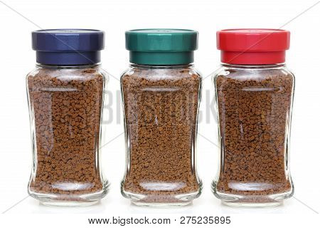 Instant Coffee In Glass Jar Isolated On White Background