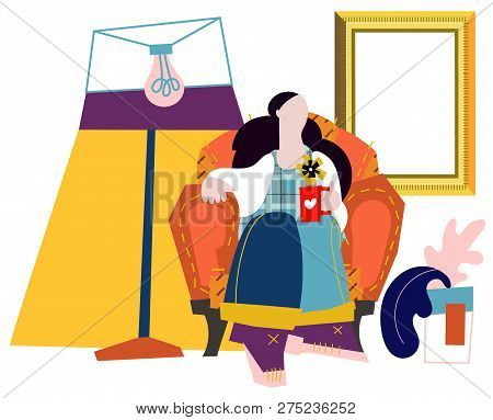 Girl On Sofa. Vector Flat Cartoon Illustration