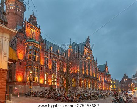 Groningen, Netherlands. December 19, 2018. The Academy Building Of The University Of Groningen, Illu