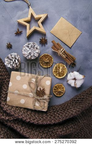 Gifts On A Concrete Background. Christmas Composition