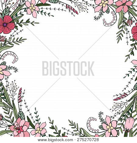 Round Frame With Beautiful Flowers On White Background.