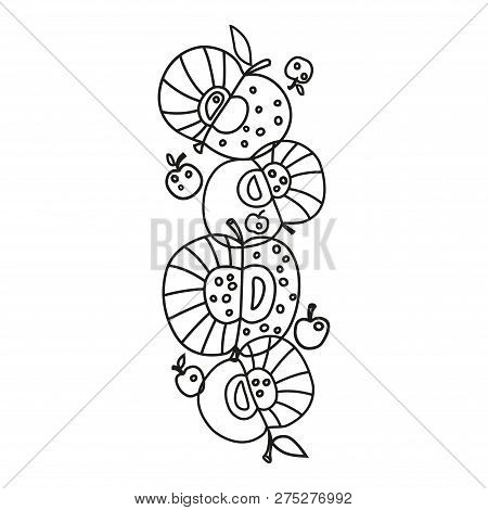   The Decor Of The Group Of Apples. Cut Apples Isolated On White Background. Black And White Linear 