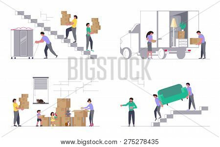 Set Of Concepts For Transport Company Isolated On White Background. Moving Truck With Movers Carring