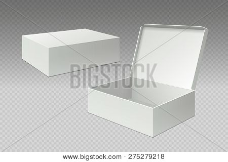 Realistic Packaging Boxes. Open Mock Up Blank Package, White Square Paper Cardboard. Empty Carton Pa