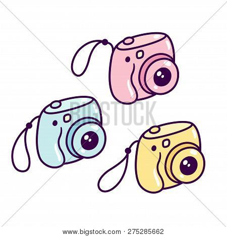 Cute Colorful Instant Camera Drawing Set. Retro Mini Photo Cameras Doodle, Vector Illustration.