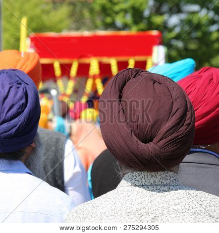 Indian Religious Sikh Procession With Men With Great Turbans Dyes