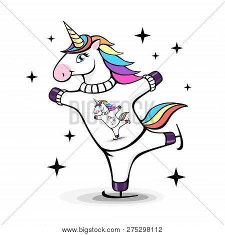 Vector Illustration Of Fantasy Skating Unicorn. Cartoon Style Design