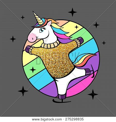 Vector Illustration Of Fantasy Skating Unicorn. Cartoon Style Design
