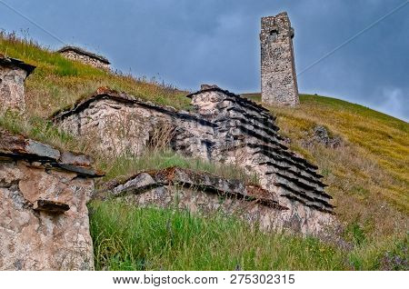 Medieval Monument In Dargavs Village North Ossetia, Russia. The Ancient Cemetery Of The Alans, From 