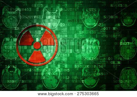 Red Pixelated Radiation Icon On Green Digital Background With Copy Space. Science Concept.