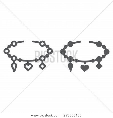 Bracelet With Heart Line And Glyph Icon, Jewellery And Accessory, Bracelet With Pendants Sign, Vecto