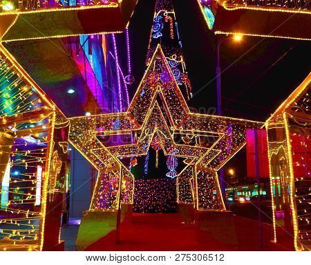 Moscow, Russia - December  2018:  New Year 2019 And Christmas  New Years Decoration Of A Street In T
