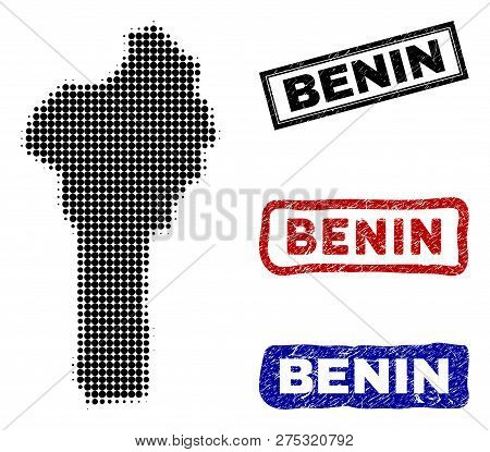 Halftone Vector Dot Abstract Benin Map And Isolated Black, Red, Blue Rubber-style Stamp Seals. Benin