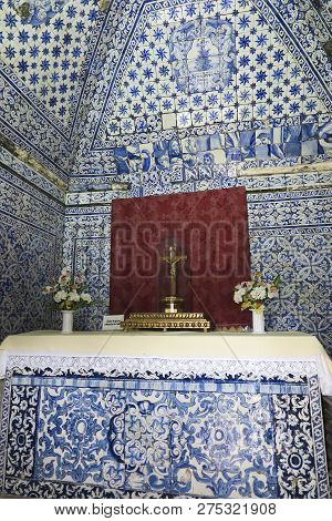 Nazare, Portugal, June 13, 2018: Tiles Decorating The Interior Vaults Of The Memoria Hermitage Locat