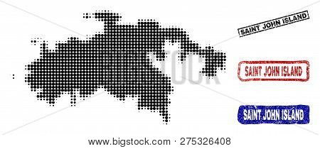 Halftone Vector Dot Abstract Saint John Island Map And Isolated Black, Red, Blue Rubber-style Stamp 