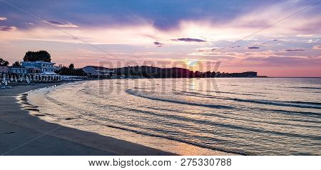 Beach in Greece. Sea wave foam on Greece beach Phuket Thailand. Exotic paradise of Greece beach Europe. Peaceful ocean wave at Greece beach. Perfect resort for relax. Ocean wave. Sea waves on Greece beach. Sea Greece beach