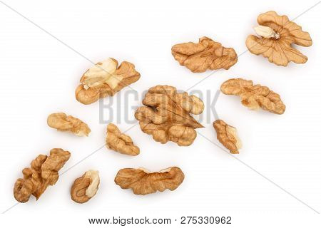Peelled Walnuts Isolated On White Background With Copy Space For Your Text. Top View. Flat Lay