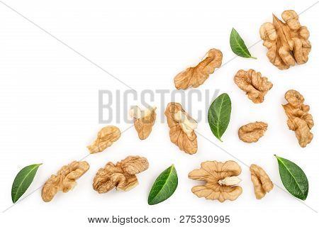 Peelled Walnuts With Leaves Isolated On White Background With Copy Space For Your Text. Top View. Fl