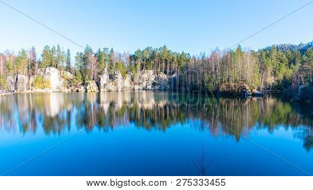 Natural Lake In Adrspach Rocks On Sunny Autumn Day. Adrspach-teplice Sandstone Rock Town, Czech Repu