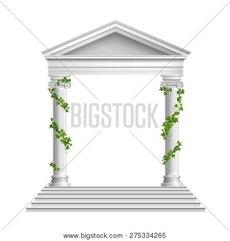 Realistic Columns Decorated Green Leaves With Roof And Base With Stairs Composition On White Backgro
