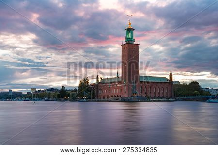 Stockholm City Hall Or Stadshuset At Sunset In The Old Town In Stockholm, Capital Of Sweden