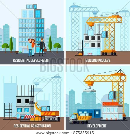 Sky Scraper Construction Flat Design Concept With House Building Process And Residential Development