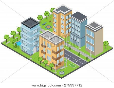 Suburbia Buildings Composition With Lawns Apartments And Streets Isometric Vector Illustration