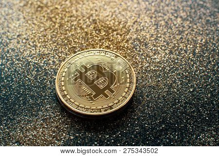 Golden Bitcoin Coin With Glitter Lights Grunge Crypto Currency Background Concept. - Image