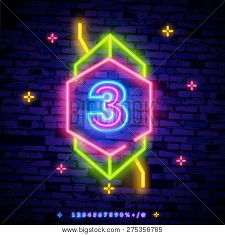Number Three Symbol Neon Sign Vector. Third, Number Three Template Neon Icon, Light Banner, Neon Sig
