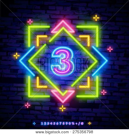 Number Three Symbol Neon Sign Vector. Third, Number Three Template Neon Icon, Light Banner, Neon Sig