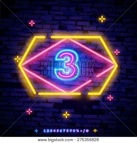 Number Three Symbol Neon Sign Vector. Third, Number Three Template Neon Icon, Light Banner, Neon Sig