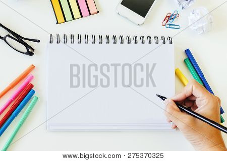 Office Stuff And Gadgets Display On Top View Business Desk With Blank Copy Space For Text On White N