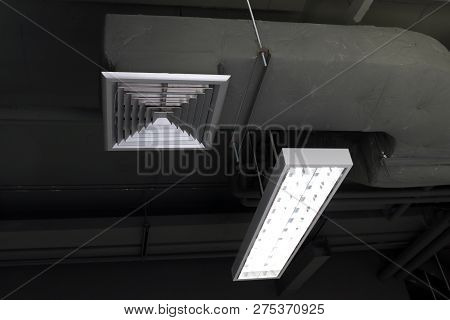Air Duct Box, Air Conditioning, Air Duct, Air Ventilation And Fluorescent Light Bulbs Inside The Bui